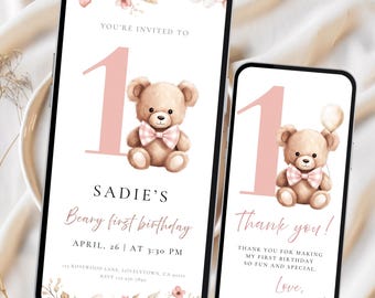 Beary First Birthday Digital Invitation Teddy Bear Pink Bear Balloon Evite Template Pink Balloon Bear Birthday