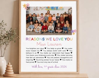 Teacher Appreciation Gift Printable, Class Photo Poster, Reasons We Love You, Editable Canva Template