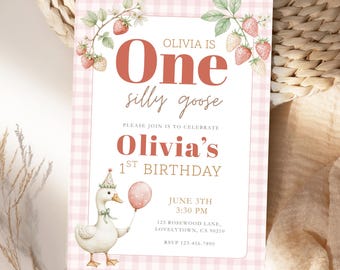 One Silly Goose Birthday Invitation 1st Birthday Girl Pink Invite Printable Goose 1st Birthday Goose Invitation Template Strawberry Gingham