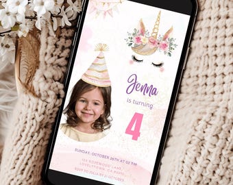 Unicorn Electronic Invitation Unicorn Birthday Invitation Digital Rainbow Mobile Invitation Evite Phone Invite Girl Party Canva Editable