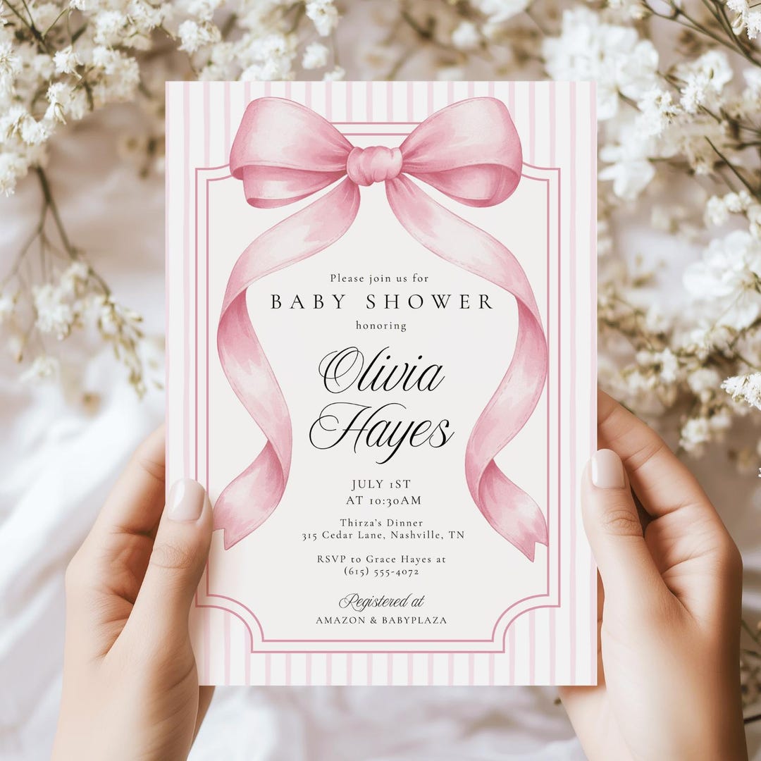 Blush Pink Bow Baby Shower Invitation Editable Elegant Watercolor ...