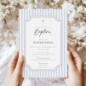 Blue Baptism Invitation for Boy, Watercolor Baptism Invite, Catholic Christening Invitation, Elegant Editable Canva Template, French Vintage image 1