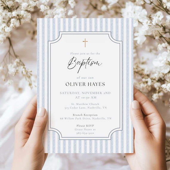 Blue Baptism Invitation for Boy, Watercolor Baptism Invite, Catholic Christening Invitation, Elegant Editable Canva Template, French Vintage