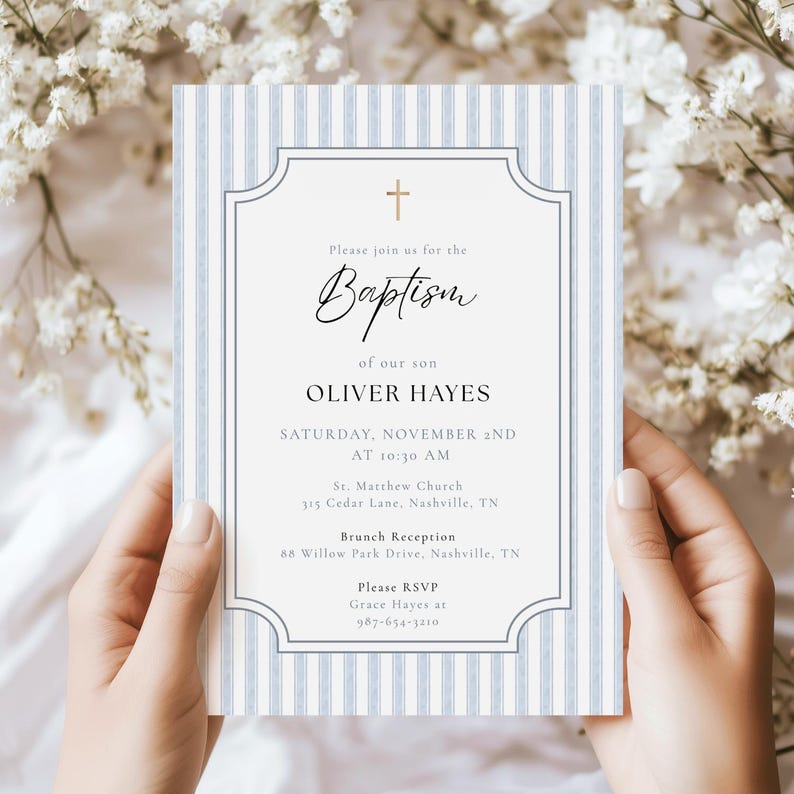Blue Baptism Invitation for Boy, Watercolor Baptism Invite, Catholic Christening Invitation, Elegant Editable Canva Template, French Vintage image 1