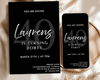 Editable Men’s 40th Birthday Invitation Template Modern Minimal Evite Digital Party Invite Adult Men Birthday Canva Template