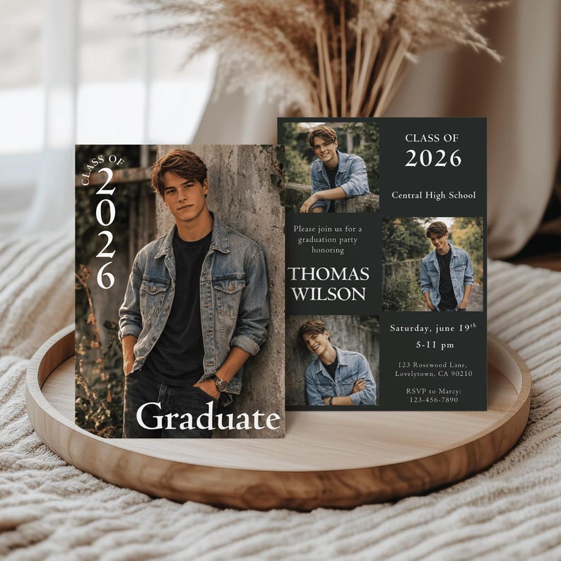 Modern Black Graduation Invitation: Senior Graduation Announcement Boy Card Digital Multiple Photo Grad Party Invite Class of 2026 Editable image 1