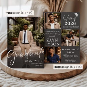 May include: Graduation announcement card with a photo of a graduate in a tan suit. The front design features the word "Graduate" in elegant script. The back design includes additional photos and event details.