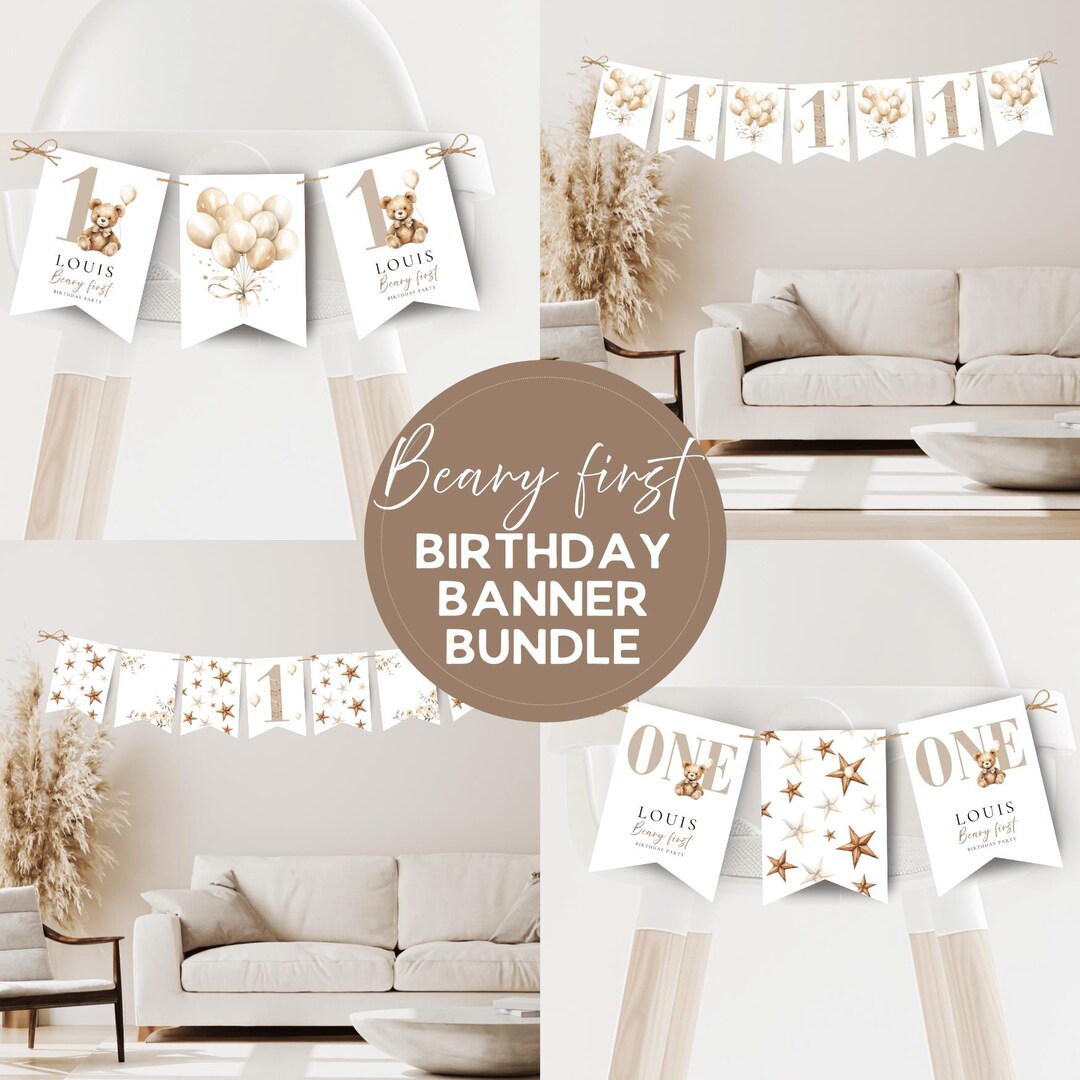 Beary First Birthday Banner Teddy Bear Neutral Bear Balloon Bunting ...
