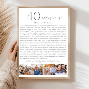 Póster con 40 razones por las que te amamos, plantilla con imágenes, regalo imprimible para su 40 cumpleaños, decoración editable y personalizada.
