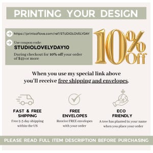 May include: Promotional graphic with text "PRINTING YOUR DESIGN" and a gold "10% Off" graphic. Includes a coupon code "STUDIOLOVELYDAY10" for 10% off orders over &pound;49. Offers free shipping and envelopes, and an eco-friendly option.