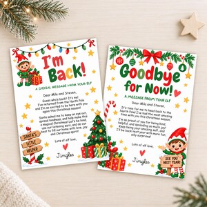 May include: Two rectangular Christmas cards featuring festive illustrations of elves, presents, and holiday greenery. The left card reads I'm Back! A Special Message From Your Elf, and the right card reads Goodbye for Now! A Message From Your Elf.