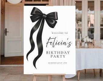 Black Bow Welcome Sign, Editable Black Bow Birthday Welcome Sign, Minimalist Black Ribbon Welcome Sign Coquette Black Bow (BP15)