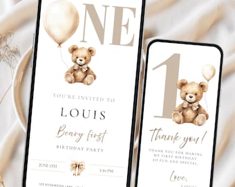 Beary First Birthday Digital Invitation Teddy Bear Neutral Bear Balloon Evite Template Brown Balloon Bear Birthday