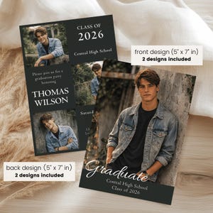 May include: Two graduation announcement designs. The front design is 12.7cm x 17.8cm and features a photo of a young man in a denim jacket. The back design includes the text "Please join us for a graduation party honoring THOMAS WILSON" and the text "CLASS OF 2026".