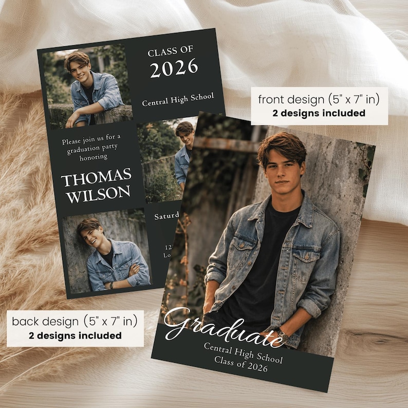 May include: Two graduation announcement designs. The front design is 12.7cm x 17.8cm and features a photo of a young man in a denim jacket. The back design includes the text "Please join us for a graduation party honoring THOMAS WILSON" and the text "CLASS OF 2026".