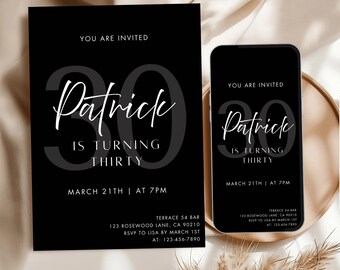 Editable Men’s 30th Birthday Invitation Template Modern Minimal Evite Digital Party Invite Adult Men Birthday Canva Template