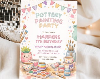 Invito per festa di pittura su ceramica, vivace invito per feste di compleanno per bambine, modificabile, modello digitale per Canva.