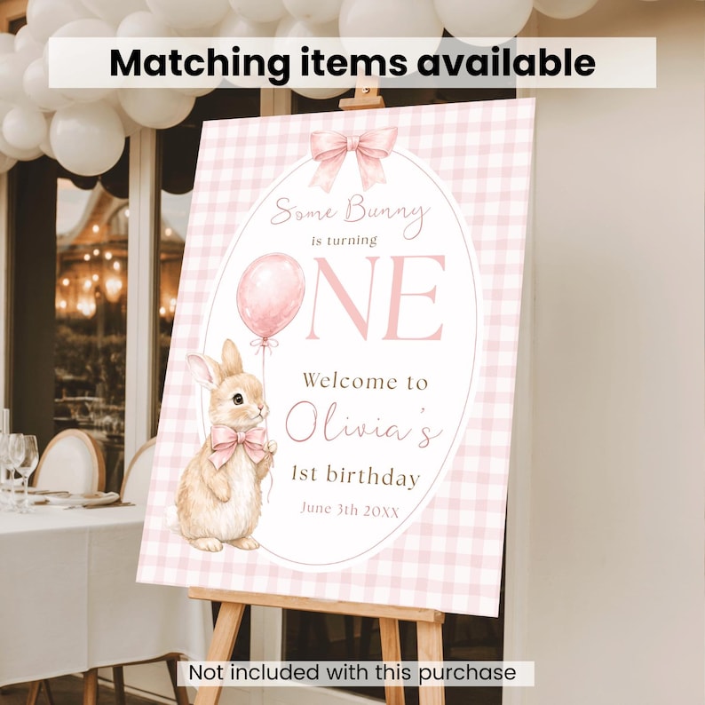 Some Bunny is One, Pink Bow Rabbit eerste verjaardagsuitnodiging, bewerkbare digitale download, Canva bewerkbaar afbeelding 9