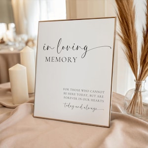 Può includere: Un cartello incorniciato con le parole "in loving memory" in una scrittura elegante. Il cartello include anche il testo "Per coloro che non possono essere qui oggi, ma sono per sempre nei nostri cuori oggi e sempre".