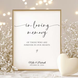 May include: A framed sign with the words "in loving memory" in elegant script. The text "OF THOSE WHO ARE FOREVER IN OUR HEARTS" is below, along with a heart symbol and names. The frame is gold, and the background is white.
