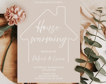 Editable House Warming Beige Invitation, House Warming Party, Modern, Minimalist, Canva Template