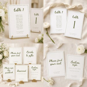 Könnte beinhalten: Eine Sammlung weißer Hochzeitsschilder mit dunkelgrünem Text in Schreibschrift und Serifenschrift. Die Schilder umfassen Tischnummern, Sitzpläne und Hinweiskarten wie Please find your seat, Cards & gifts, Reserved und Custom sign.