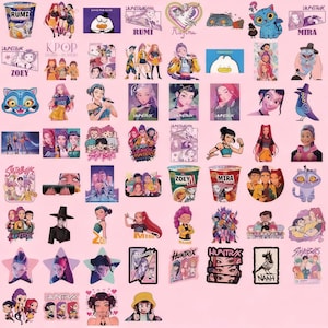 May include: A collection of colorful stickers featuring various illustrations and text. The stickers showcase anime-style characters, food packaging, and text such as "RUMI", "ZOEY", and "MIRA". The stickers are arranged on a pink background.