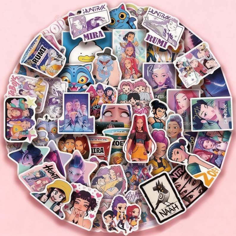 May include: A collection of colorful stickers featuring anime-style illustrations of people and characters. The stickers have various shapes and sizes, with some including text like "RUMI", "MIRA", and "NAAH". The stickers are arranged on a pink background.