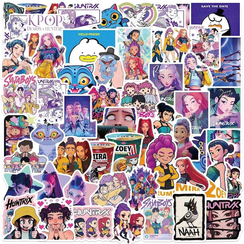 May include: A collection of colorful stickers featuring anime-style illustrations of people, animals, and text. The stickers include the words "KPOP," "HUNTRX," "SATABOYS," and "ZOEY." The designs vary, with some featuring cartoon characters and others showcasing portraits.