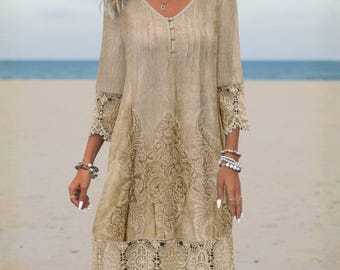 Boho kanten patchwork jurk met v-hals voor dames | Vintage geborduurde strandtuniek | Chique casual feestjurk met bloemenoogje