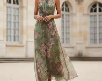 Vestido largo verde con estampado floral y escote halter / Vestido de verano de gasa sin espalda / Vestido bohemio para invitada de boda / Elegante vestido de vacaciones