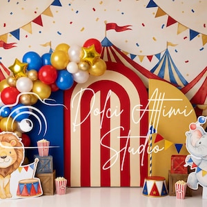 Puede incluir: Un telón de fondo con temática de circo con un arco a rayas rojas y blancas, globos y recortes de animales de dibujos animados. El telón de fondo presenta un león, un elefante y diseños de carpas de circo. El texto "Dolci Attimi Studio" está escrito en el telón de fondo.