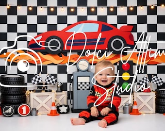 Fondo digital de cumpleaños de coche de carreras, fondo para tarta de carreras, fondo fotográfico con bandera a cuadros