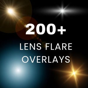 May include: A digital graphic with a black background featuring four lens flare effects in shades of gold, white, and blue. The text "200+ LENS FLARE OVERLAYS" is displayed in white.