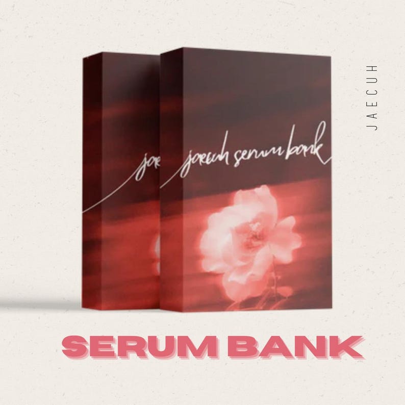 May include: Two red boxes with a floral design and the words "SERUM BANK" in large, pink letters. The boxes have a gradient effect, with a rose image on the front. The text "JAE CUH" is printed vertically on the right side.