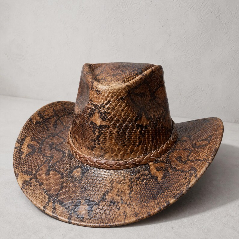 May include: A cowboy hat featuring a brown and black snakeskin pattern throughout the entire surface. The hat has a pinched crown and a wide, curved brim, accented by a braided brown band encircling the base of the crown.