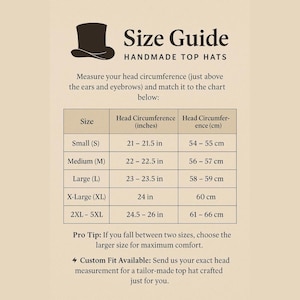 May include: A beige size guide chart for handmade top hats featuring a dark brown top hat icon. The text includes instructions for measuring head circumference and a table listing sizes from Small to 5XL with measurements in inches and centimeters.