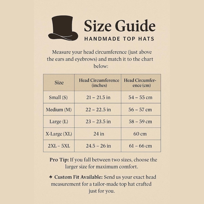 May include: A beige size guide chart for handmade top hats featuring a dark brown top hat icon. The text includes instructions for measuring head circumference and a table listing sizes from Small to 5XL with measurements in inches and centimeters.