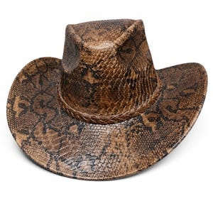 May include: A brown and black cowboy hat featuring a detailed snakeskin pattern across the entire surface. The hat includes a braided band encircling the base of the crown and a wide, curved brim that slopes downward on both sides.