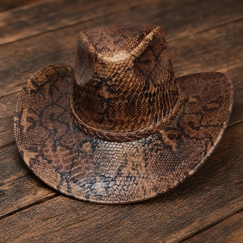 May include: A cowboy hat featuring a brown and black snakeskin pattern throughout the entire surface. The hat has a pinched crown and a wide, curved brim, accented by a braided band that encircles the base of the crown for a textured finish.