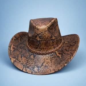 May include: A brown and black snakeskin patterned cowboy hat featuring a pinched crown and a wide, curved brim. The hat is accented with a braided band that encircles the base of the crown, matching the overall reptilian texture and color scheme.