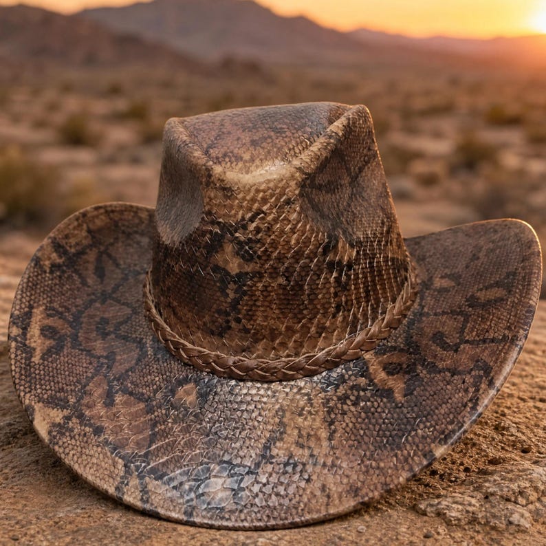 May include: A brown and black cowboy hat featuring a textured snakeskin pattern across the crown and brim. The hat includes a braided band encircling the base of the crown, with a pinched top design and a wide, curved brim structure.