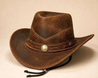Rustic Cowboy Hat, Distressed Brown Leather with Wide Brim
