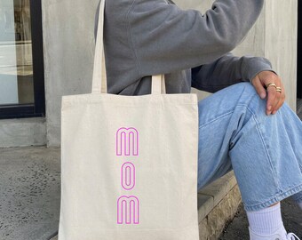 Mom Tote Bag, Pink Text, Mother's Day Gift, Geschenk zum Muttertag, Geschenk Mama, Baumwolltasche für Mutter, minimalistische Tasche