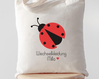Personalisierte Kinder Tasche Wechselkleidung, Marienkäfer Tote Bag mit Name, Kindergarten Tasche, süsse Stofftasche Kind Geschenk