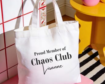 Proud Member of Chaos Club Tote Bag, JGA Tasche personalisiert, Bachelorette Party Beutel Braut, Girlstrip, Mädelstrip 2026