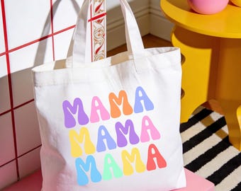 Mama Tasche bunt, Geschenk für Mama, Regenbogen Schrift Baumwoll Tasche, Muttertag Geschenk, Mom Tote Bag, farbenfrohe Mama Tasche