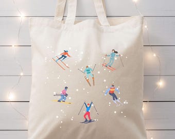Skiing Tote Bag, Winter Sports, Cotton Shopper, Tasche Ski, Baumwolltasche Snowboard, Stoffbeutel Skifahrer, Geschenk Wintersport, Ski Fans