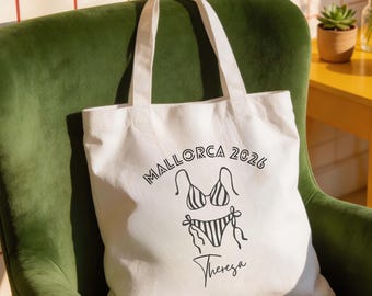 Mallorca 2026 Tote Bag, JGA Tasche personalisiert, Stoffbeutel Girls Trip mit Bikini, Tasche für Mädelstrip 2026 Mallorca, Tasche für Strand