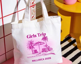Girls Trip Tote Bag, JGA Tasche personalisiert, Bachelorette Party Beutel Braut, Tasche für Mädelstrip 2026 Mallorca
